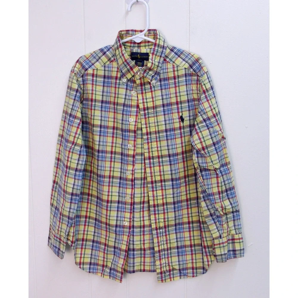 Ralph Lauren Kids Plaid‎ Button Down Long Sleeve Shirt Yellow Blue Sz 8 / #1042